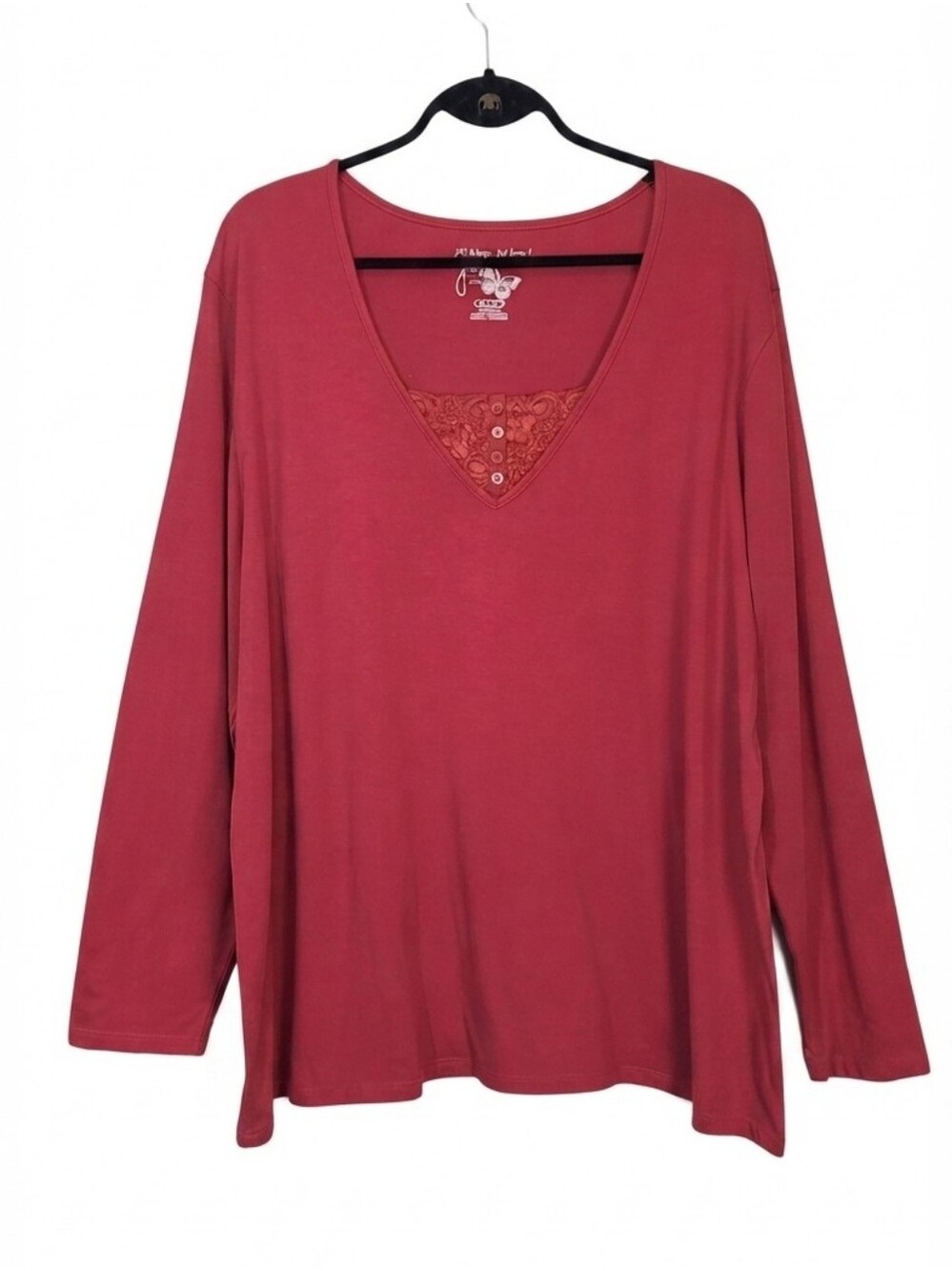 Just My Size JMS Plus Size 4X Red Long Sleeve Top Vneck Lace Button Accent